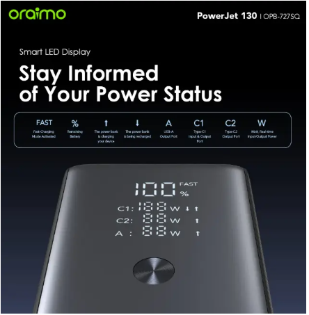 Oraimo PowerJet 130 27600mAh 130W Power Bank Power Laptop & Phone at Once Recharge Powerbank to 100% in 1.5hrs OPB-727SQ