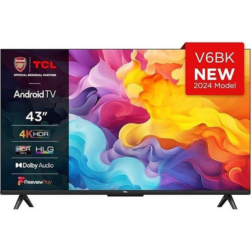 TCL 43V6BK 43-inch 4K Ultra HD, HDR TV, Smart TV, Android TV (Dolby Audio, Voice Control,2024 New Model) Netflix,Youtube HDMI USB PORTS Wide Color Enhancer + FREE SURGE PROTECTOR/TVGU