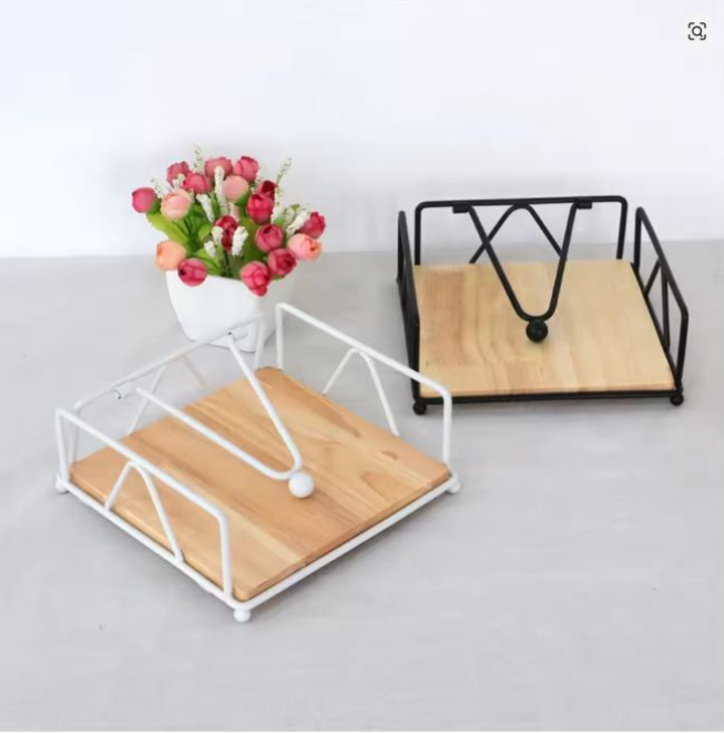 Casual Dining Solid Wood Tissue Holder Home Napkin Container Gold Metal Napkin Tissue Case for Hotel Restaurant Decoration