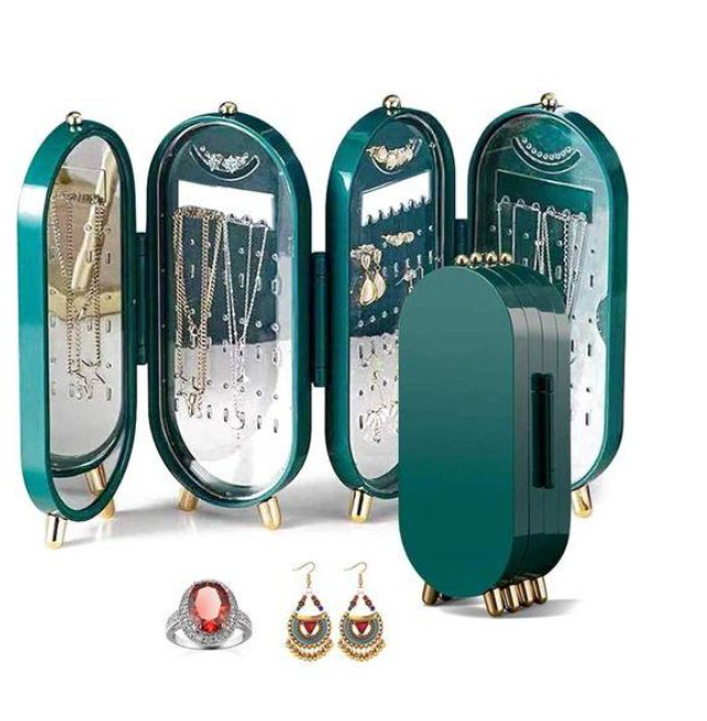 Jewellery Box Organiser with Mirror, Foldable Exquisite Dustproof Jewelry Storage Case