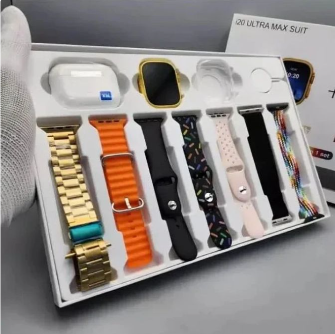 Smartwatch With Free Airpods/earphones Pro 2 And 7 Extra Straps I20 Ultra MAX Suit 10 In 1 Set BT Calling Smart Watch With AMOLED Display & Activity, Health Tracker For Men & Women Supports Android An