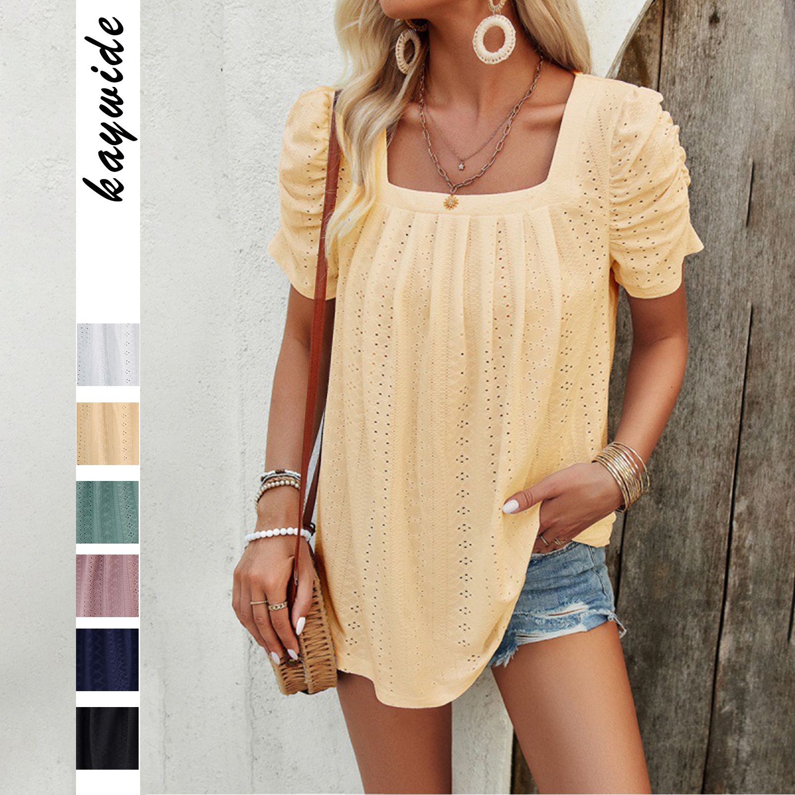 Womens Summer Tops Crewneck Short Sleeve Shirts Casual Chiffon Blouses Flowy Lace Hem Boho Clothing Trendy 2025 Black S