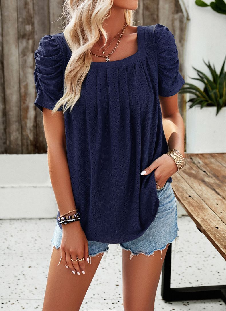 Womens Summer Tops Crewneck Short Sleeve Shirts Casual Chiffon Blouses Flowy Lace Hem Boho Clothing Trendy 2025 Black S