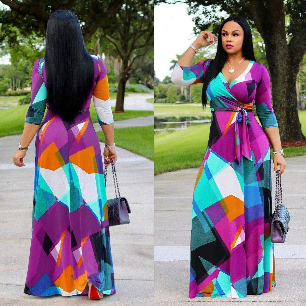 Women's Maxi Dress Casual 2025 3/4 Sleeve Crewneck Wrap Floor Length Sundress Plus Size Maxi Dresses with Belt Black L