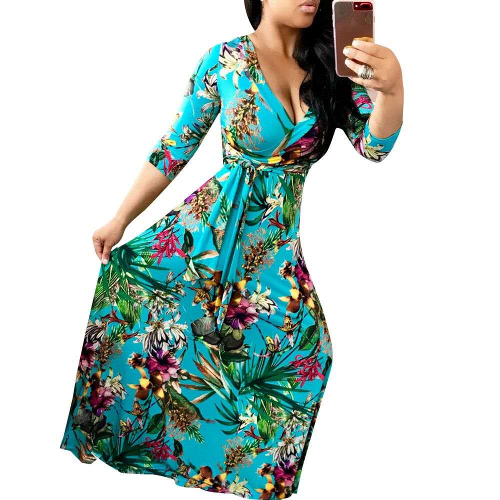 Women's Maxi Dress Casual 2025 3/4 Sleeve Crewneck Wrap Floor Length Sundress Plus Size Maxi Dresses with Belt Black L