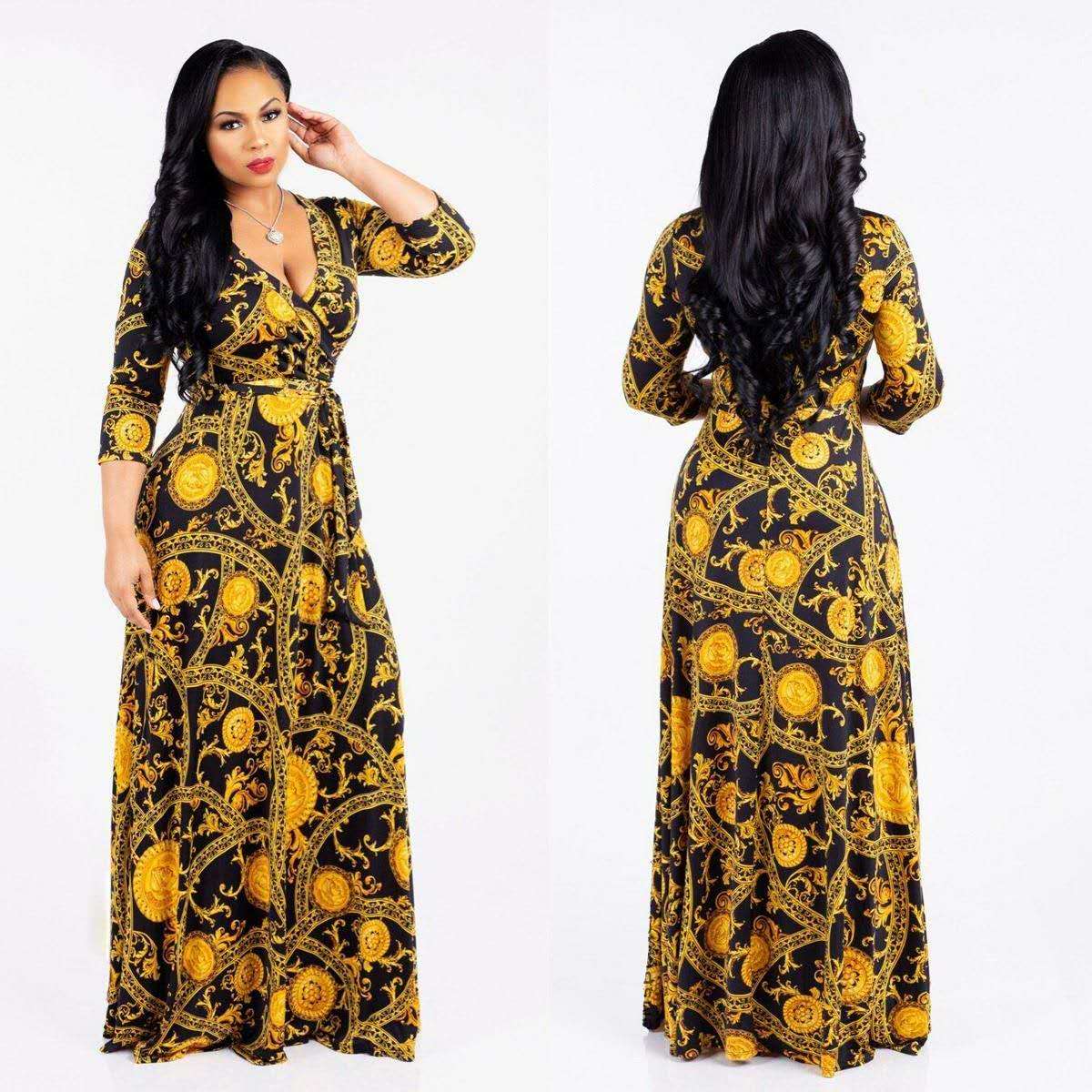 Women's Maxi Dress Casual 2025 3/4 Sleeve Crewneck Wrap Floor Length Sundress Plus Size Maxi Dresses with Belt Black L