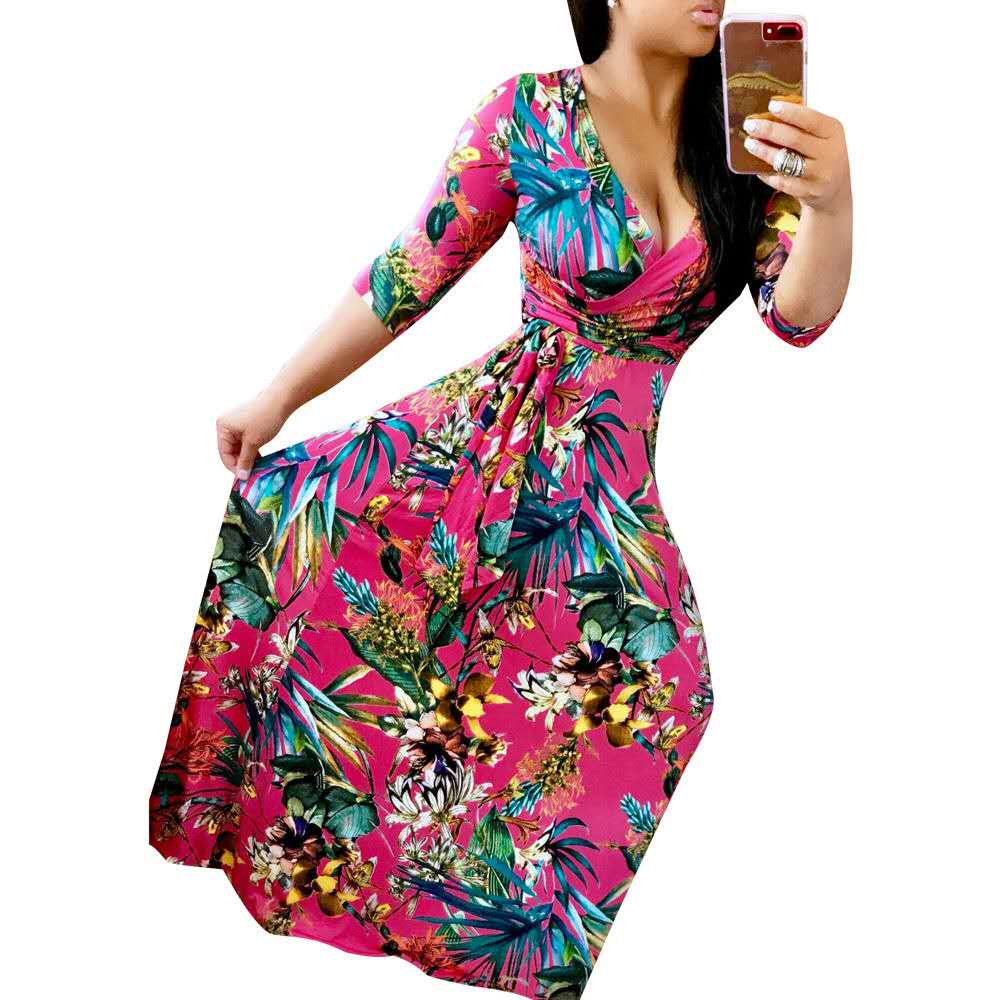 Women's Maxi Dress Casual 2025 3/4 Sleeve Crewneck Wrap Floor Length Sundress Plus Size Maxi Dresses with Belt Black L