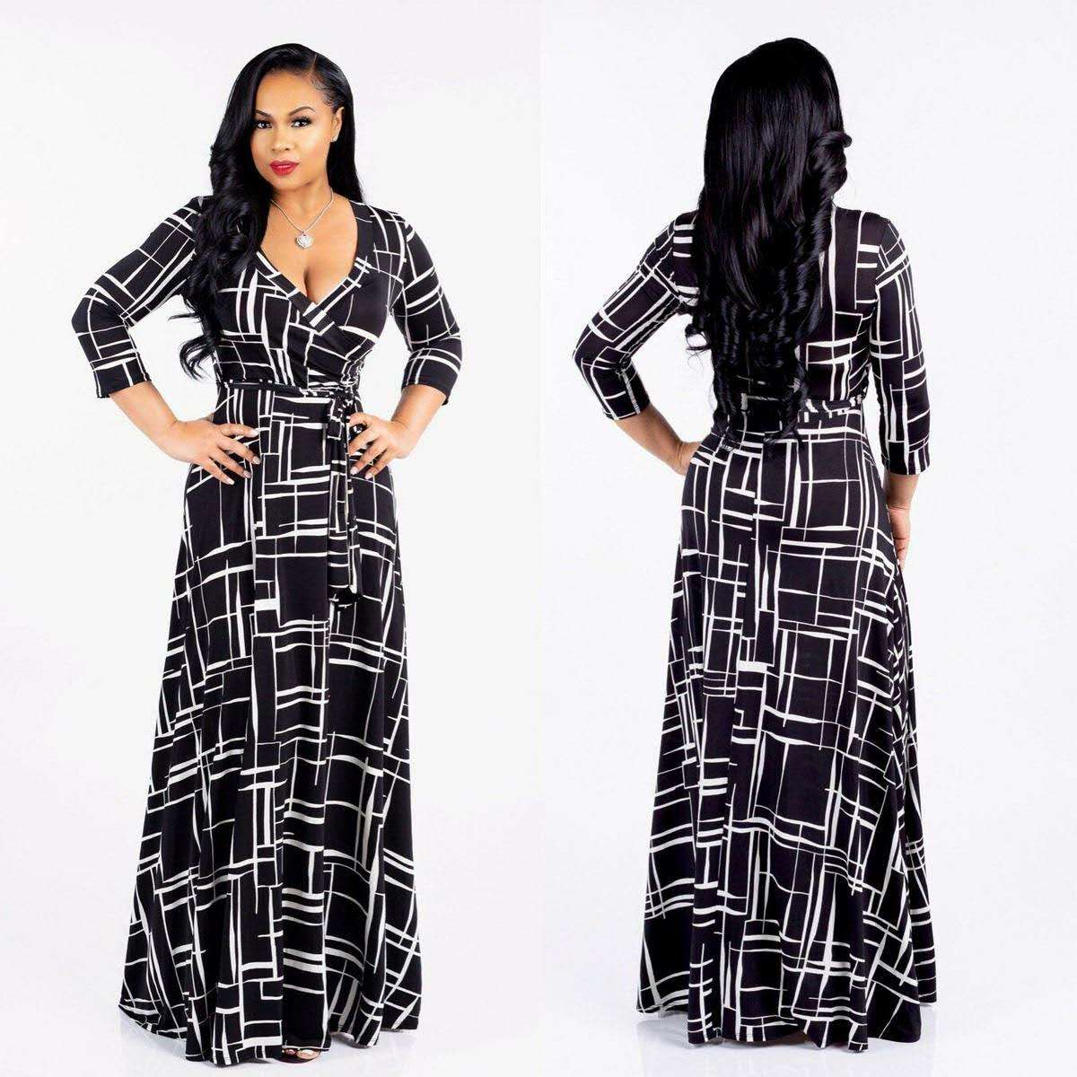 Women's Maxi Dress Casual 2025 3/4 Sleeve Crewneck Wrap Floor Length Sundress Plus Size Maxi Dresses with Belt Black L