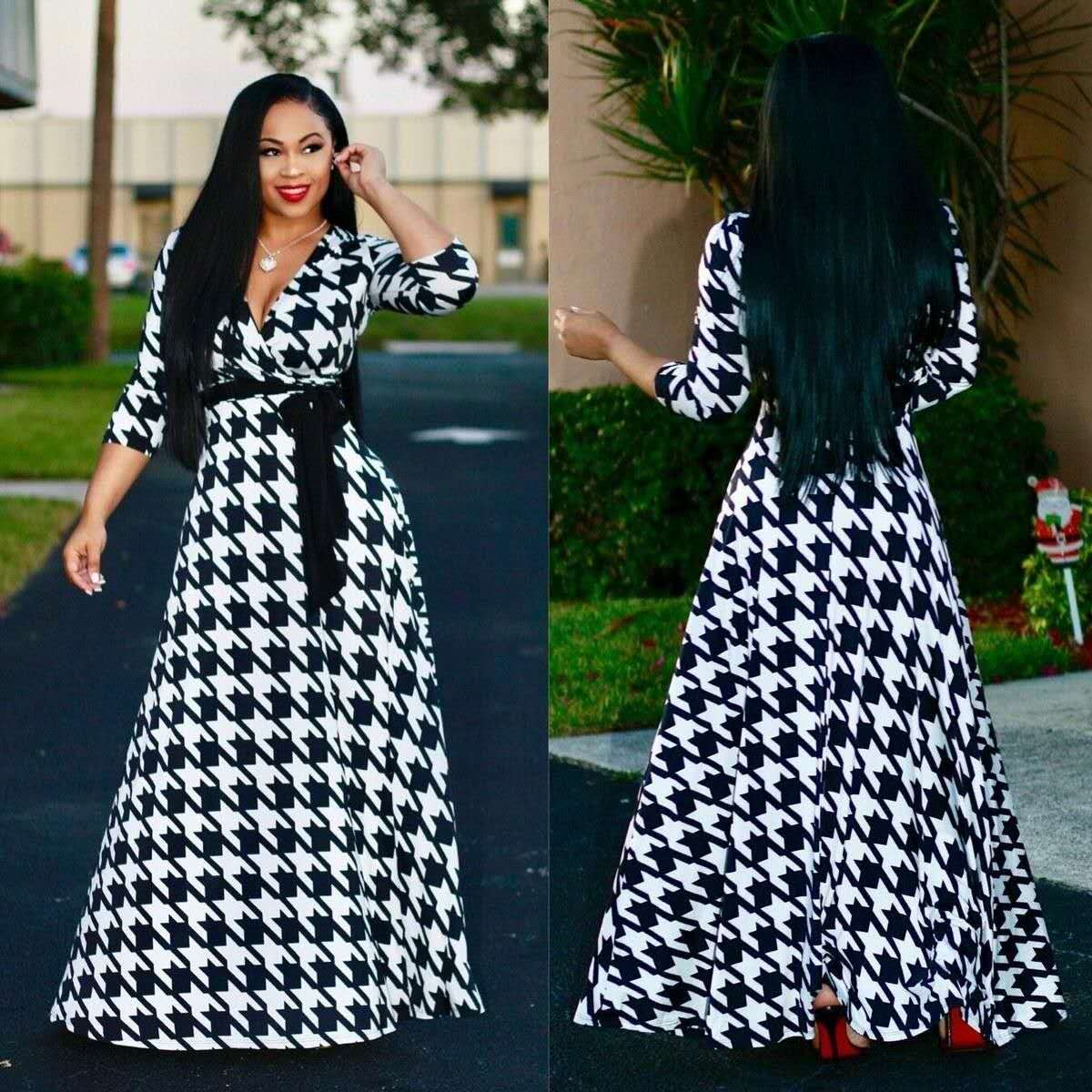 Women's Maxi Dress Casual 2025 3/4 Sleeve Crewneck Wrap Floor Length Sundress Plus Size Maxi Dresses with Belt Black L