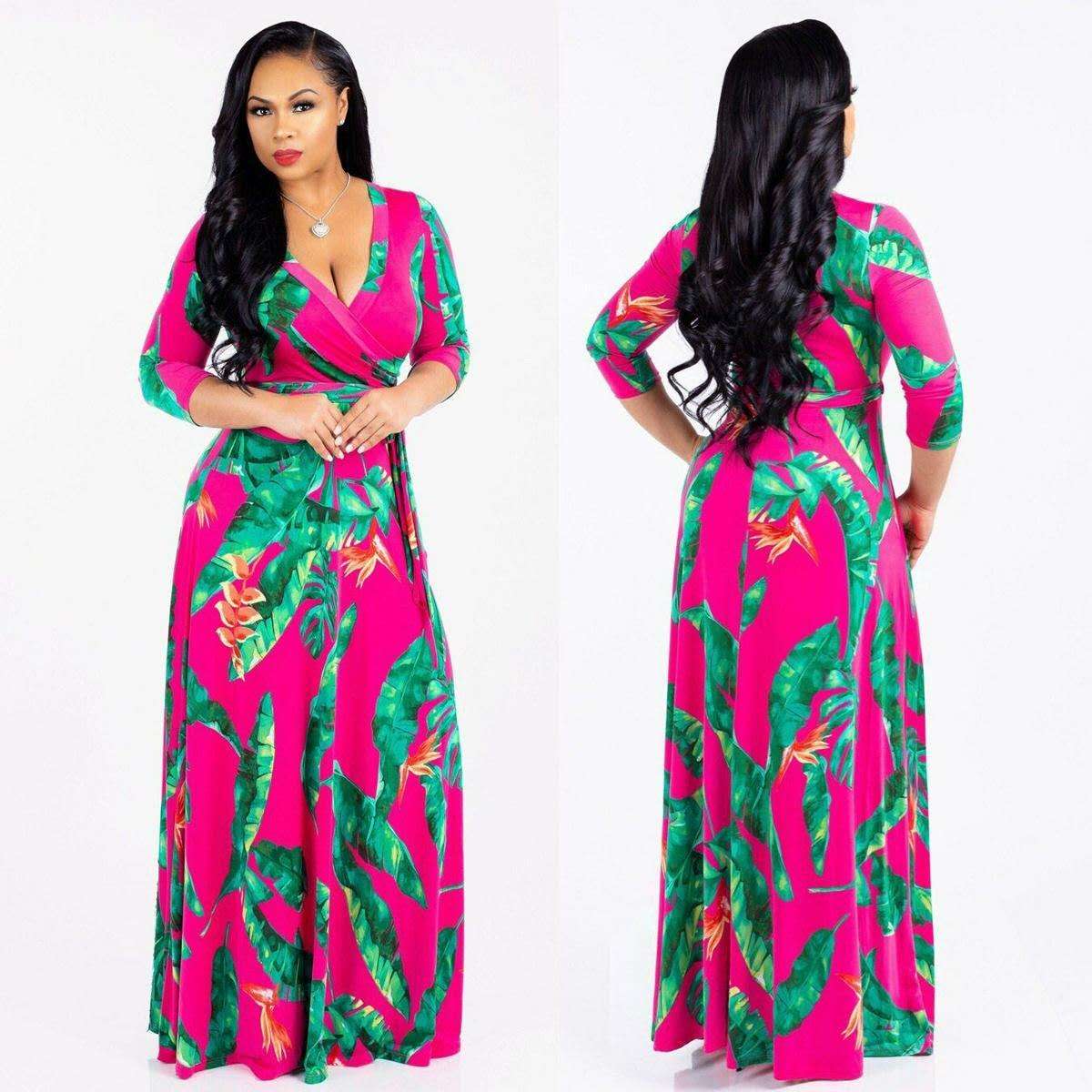 Women's Maxi Dress Casual 2025 3/4 Sleeve Crewneck Wrap Floor Length Sundress Plus Size Maxi Dresses with Belt Black L