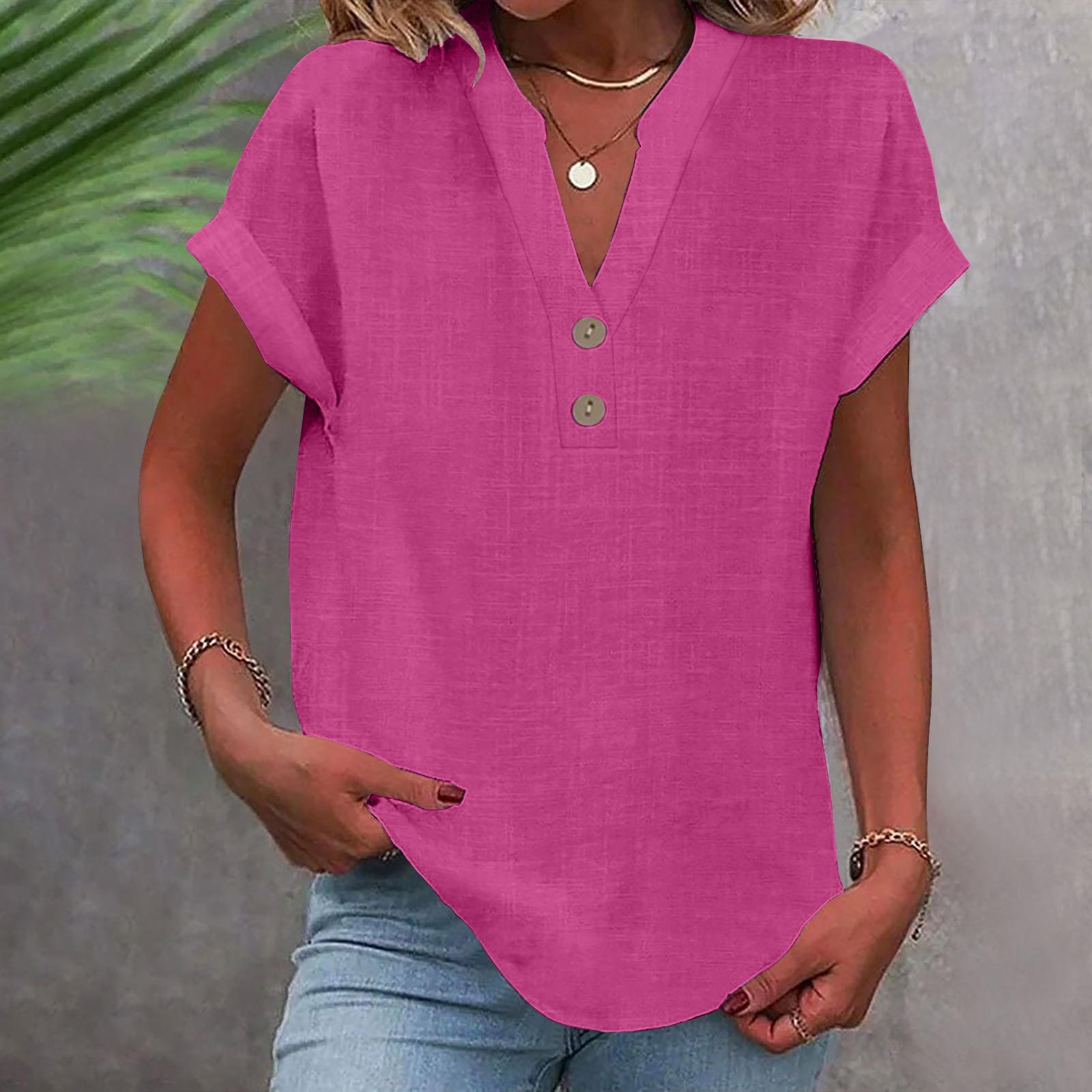 Womens Short Sleeve Henley Tops V Neck Dressy Casual Loose Fit Shirts Summer Flowy Blouses 2025 Trendy Clothes pink L