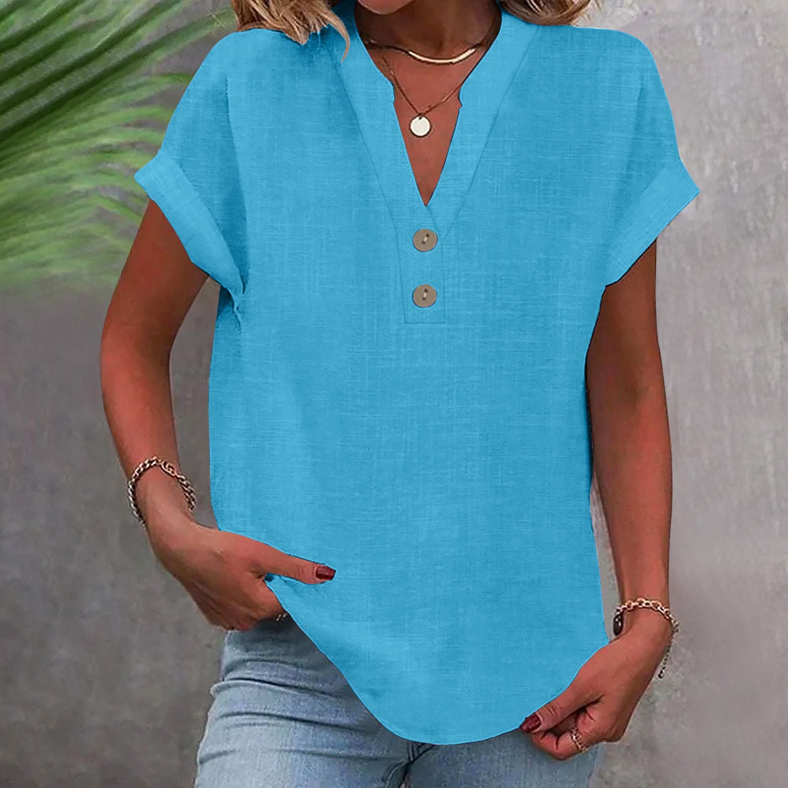 Womens Short Sleeve Henley Tops V Neck Dressy Casual Loose Fit Shirts Summer Flowy Blouses 2025 Trendy Clothes pink L