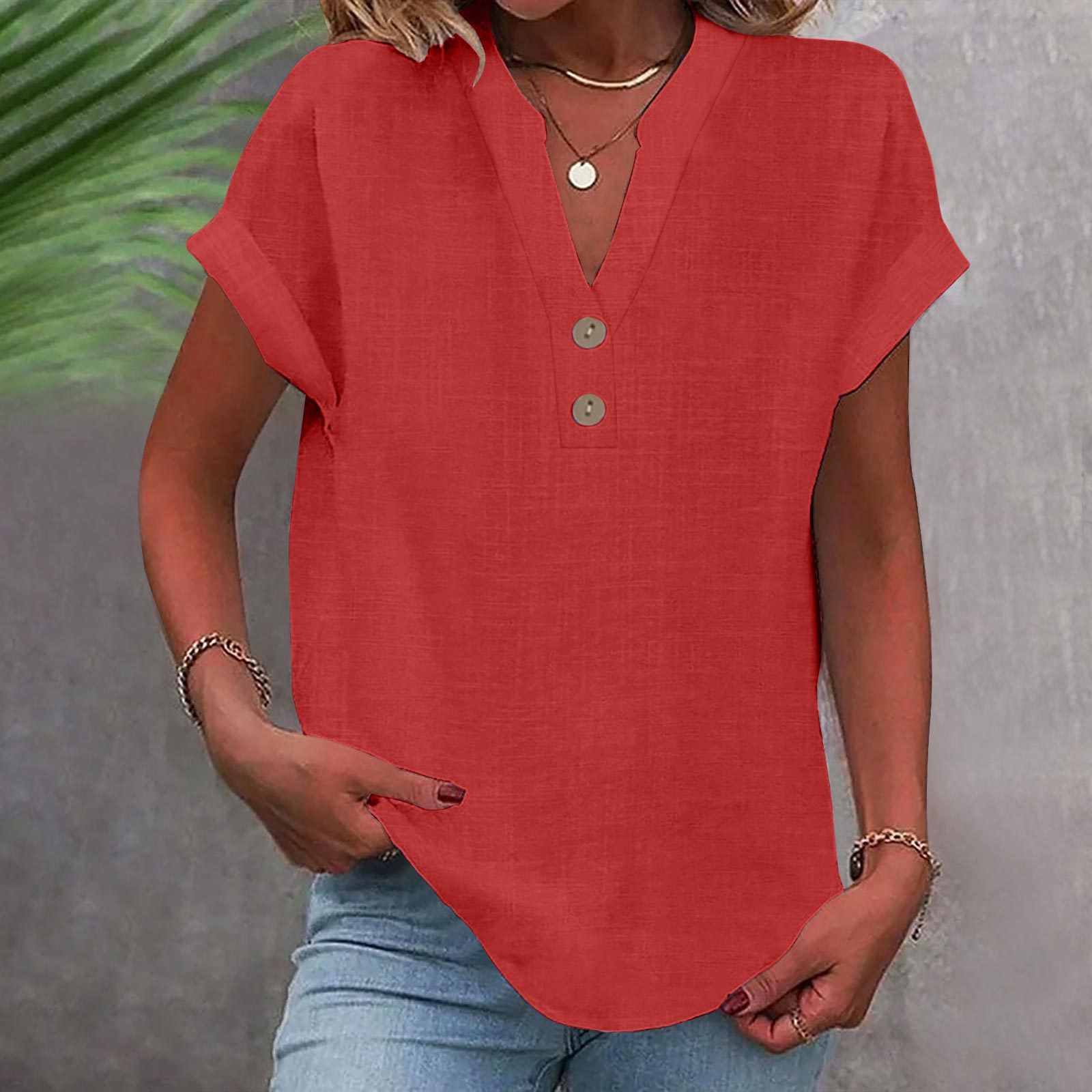 Womens Short Sleeve Henley Tops V Neck Dressy Casual Loose Fit Shirts Summer Flowy Blouses 2025 Trendy Clothes pink L