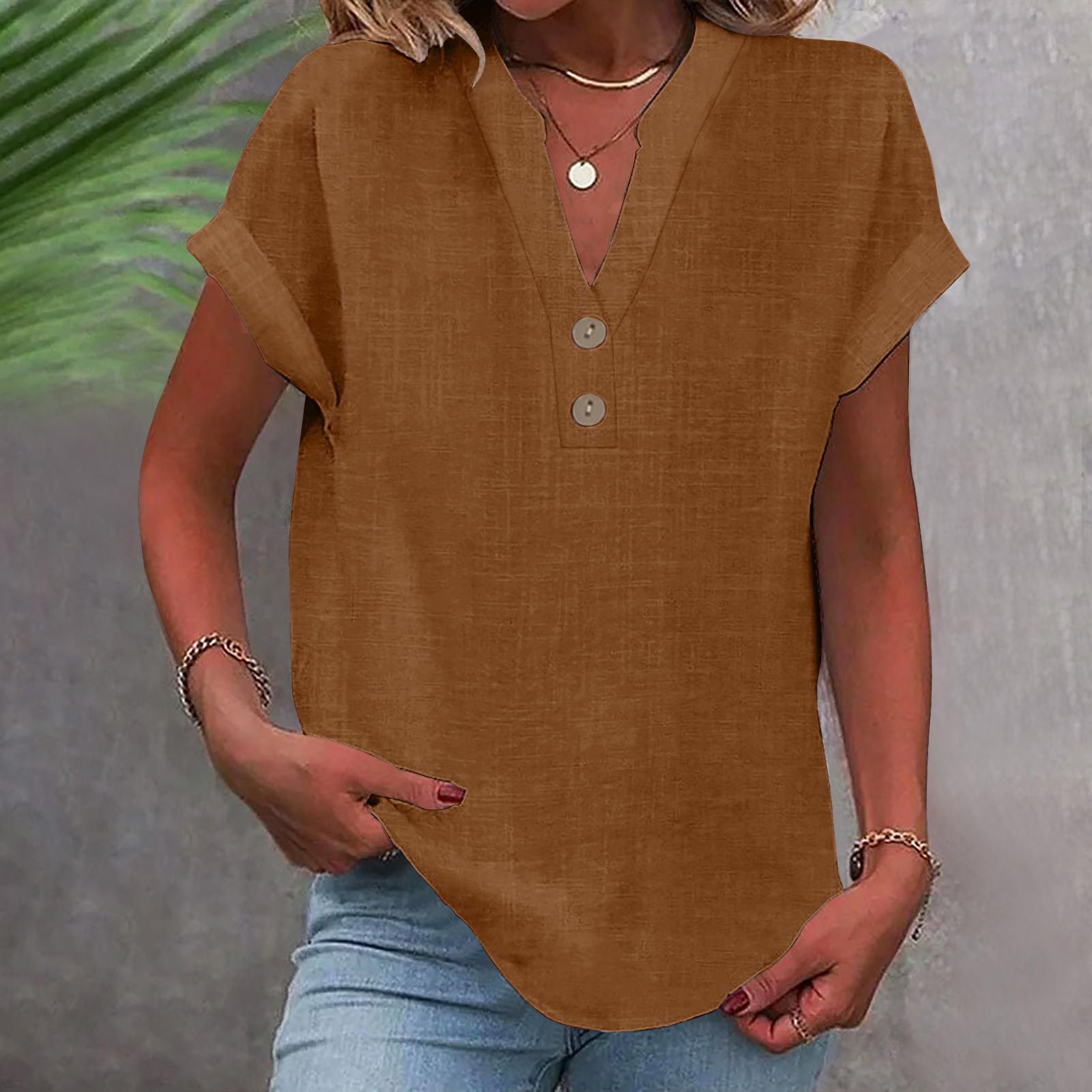 Womens Short Sleeve Henley Tops V Neck Dressy Casual Loose Fit Shirts Summer Flowy Blouses 2025 Trendy Clothes pink L
