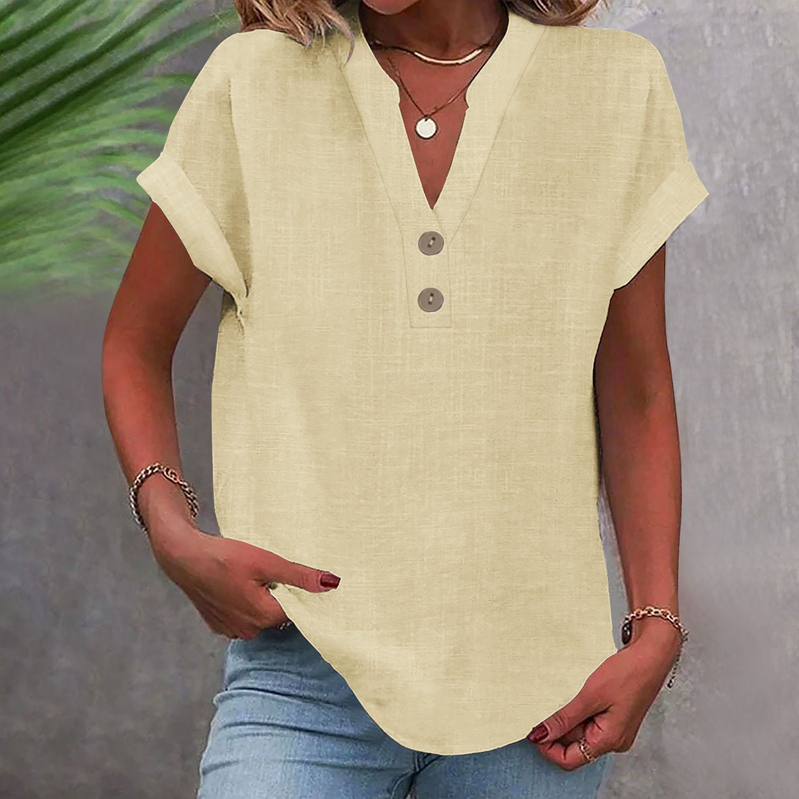 Womens Short Sleeve Henley Tops V Neck Dressy Casual Loose Fit Shirts Summer Flowy Blouses 2025 Trendy Clothes pink L
