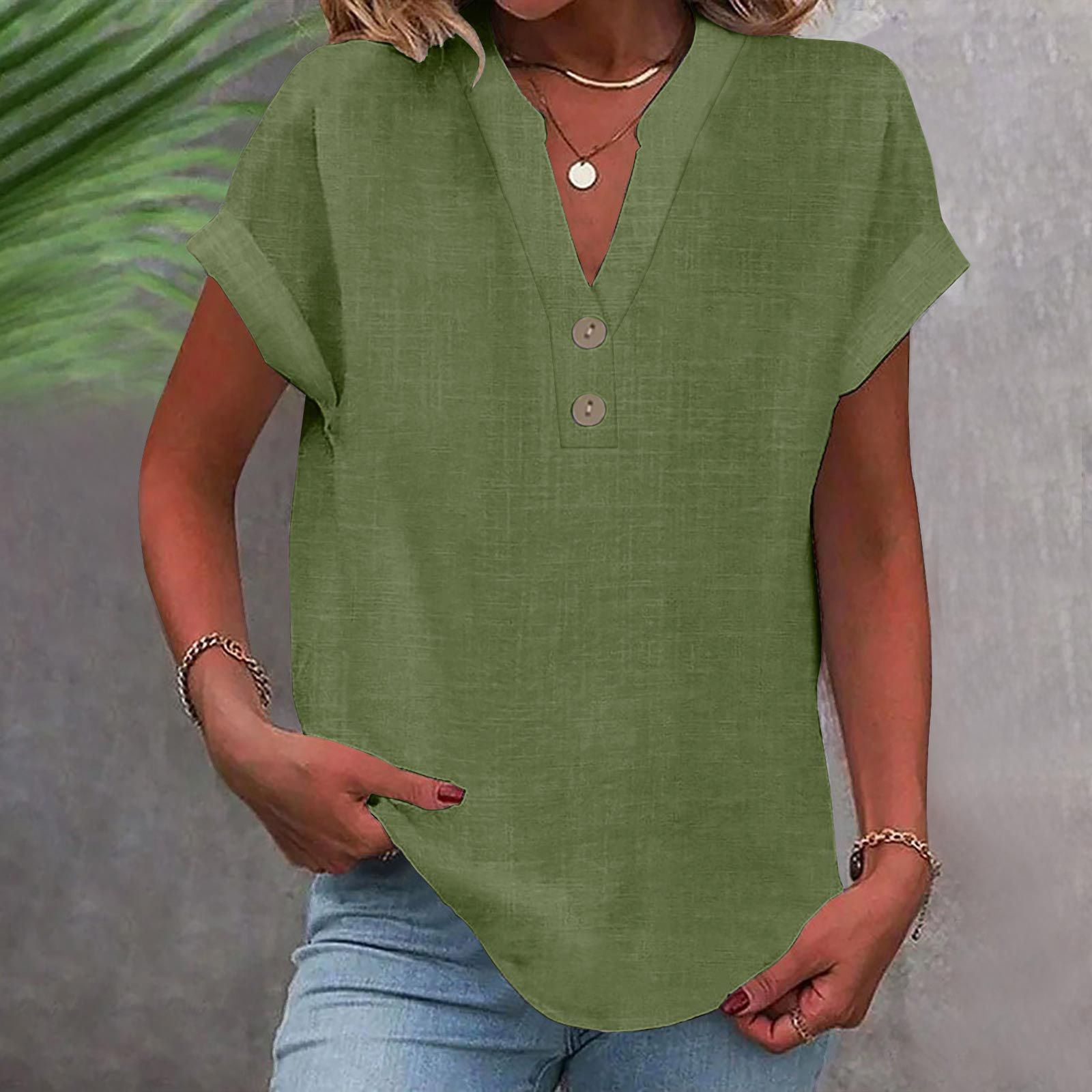 Womens Short Sleeve Henley Tops V Neck Dressy Casual Loose Fit Shirts Summer Flowy Blouses 2025 Trendy Clothes pink L
