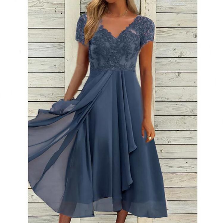 2023 Europe cross-border amazon dress chiffon stitching V-neck lace cut-out long skirt bridesmaid evening dress blue S