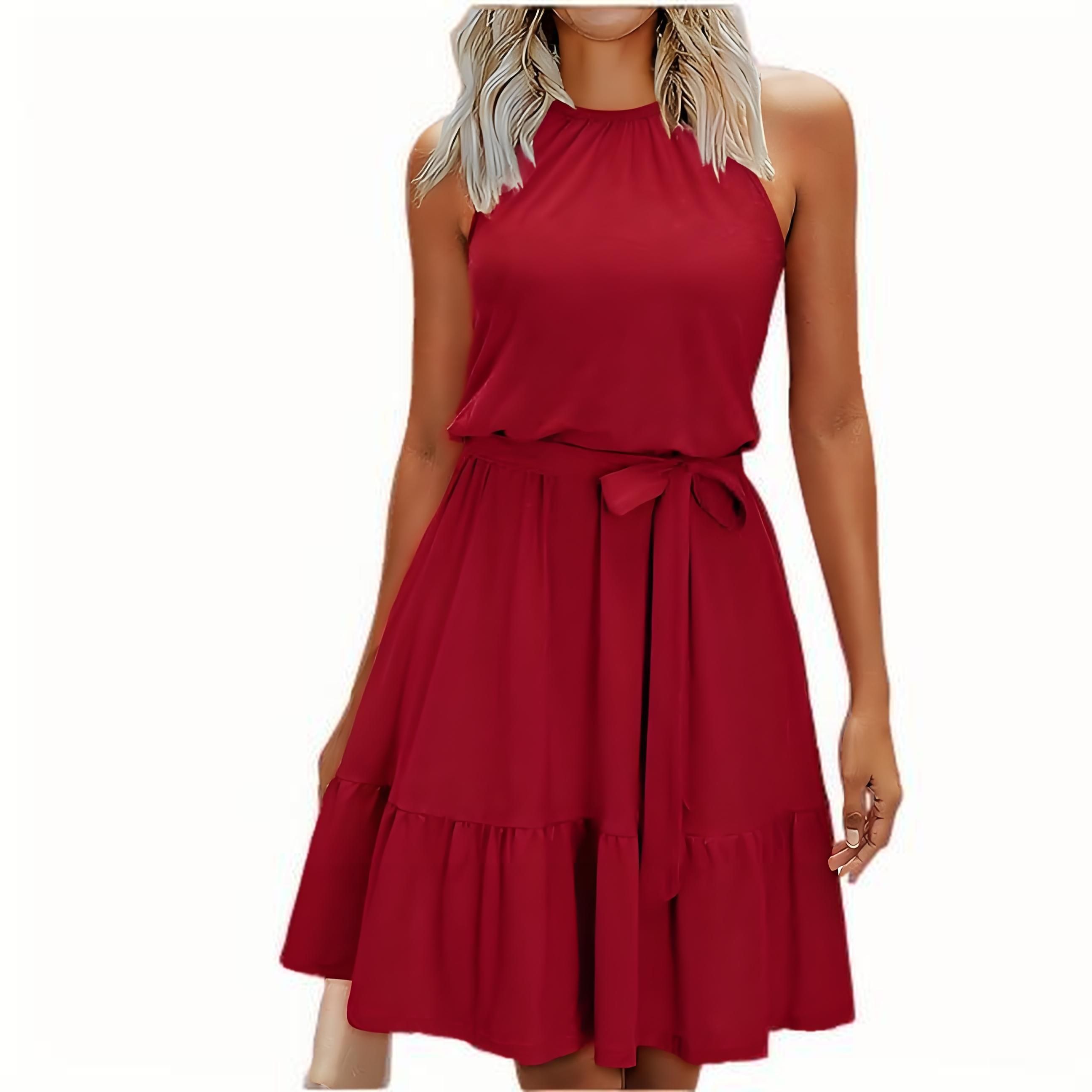 Women's 2025 Summer Halter Neck Dress – Wedding Guest, Casual Beach Vacation Belted Vest Dress with Pockets white M