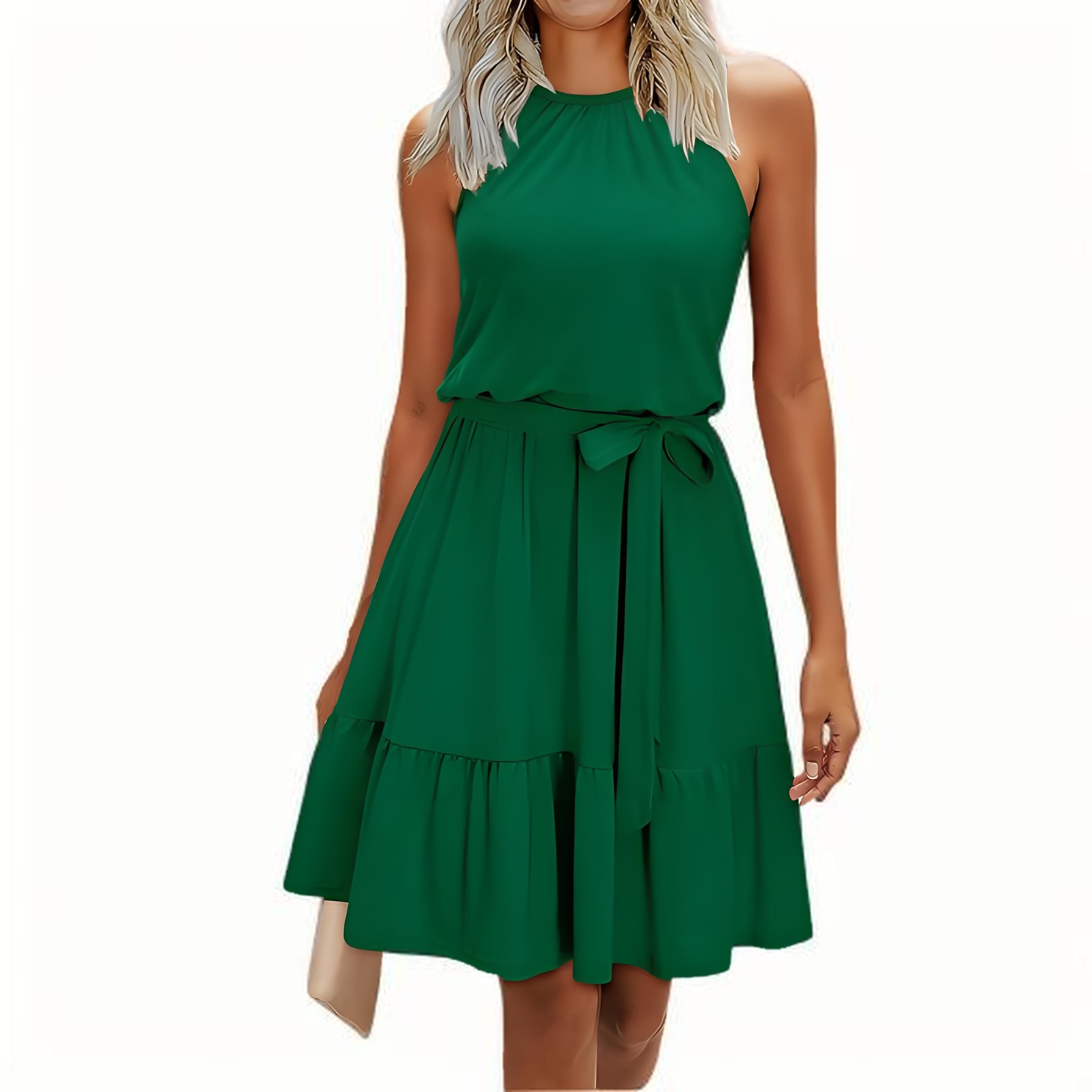 Women's 2025 Summer Halter Neck Dress – Wedding Guest, Casual Beach Vacation Belted Vest Dress with Pockets white M