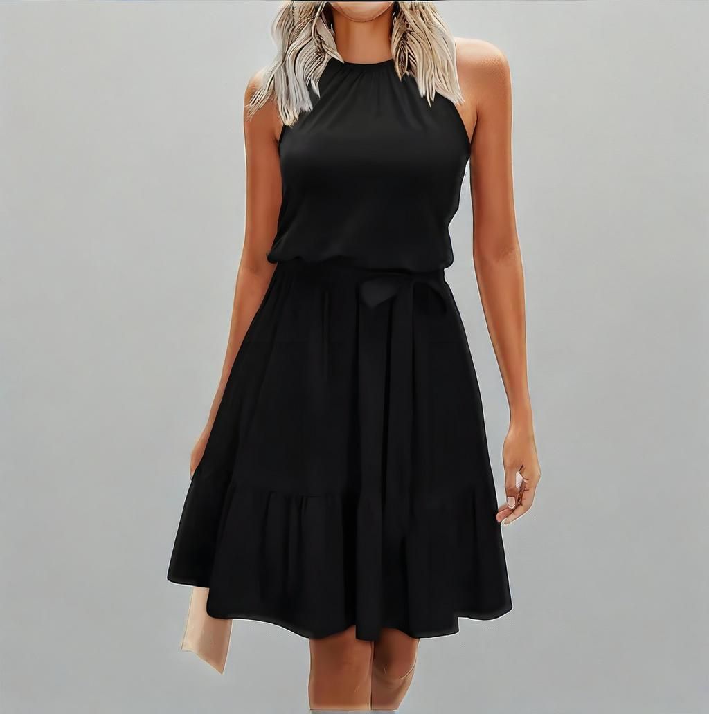 Women's 2025 Summer Halter Neck Dress – Wedding Guest, Casual Beach Vacation Belted Vest Dress with Pockets white M