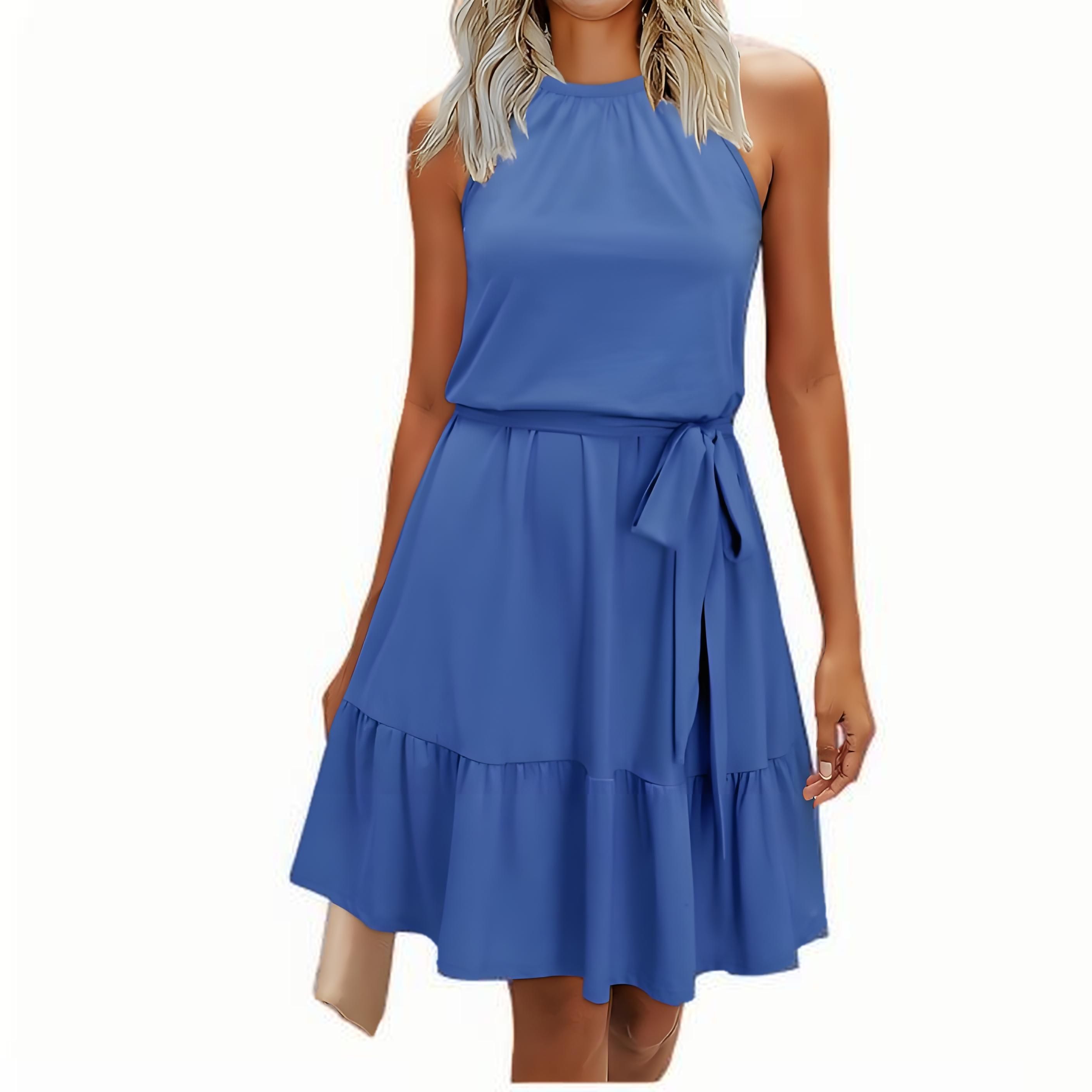 Women's 2025 Summer Halter Neck Dress – Wedding Guest, Casual Beach Vacation Belted Vest Dress with Pockets white M