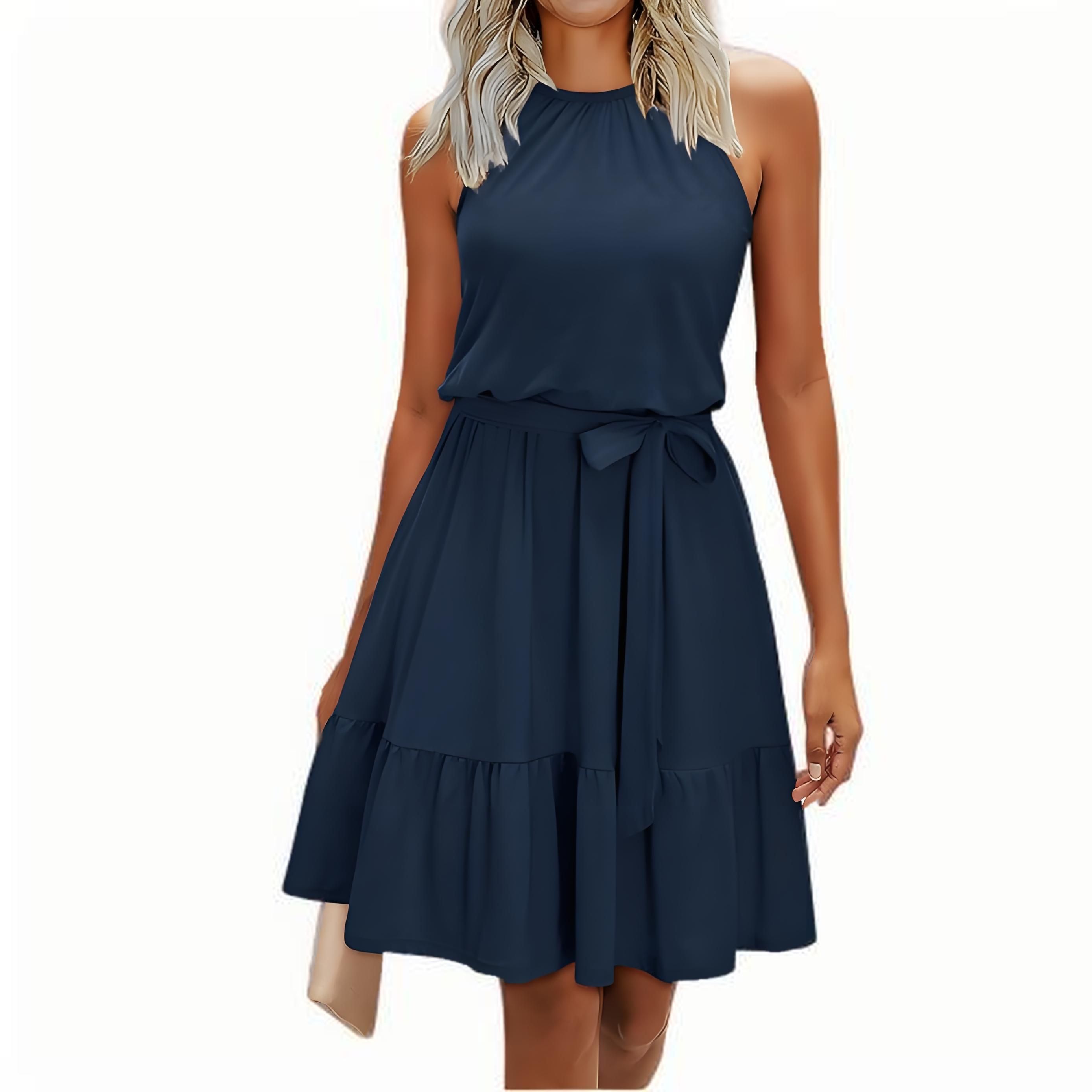 Women's 2025 Summer Halter Neck Dress – Wedding Guest, Casual Beach Vacation Belted Vest Dress with Pockets white M