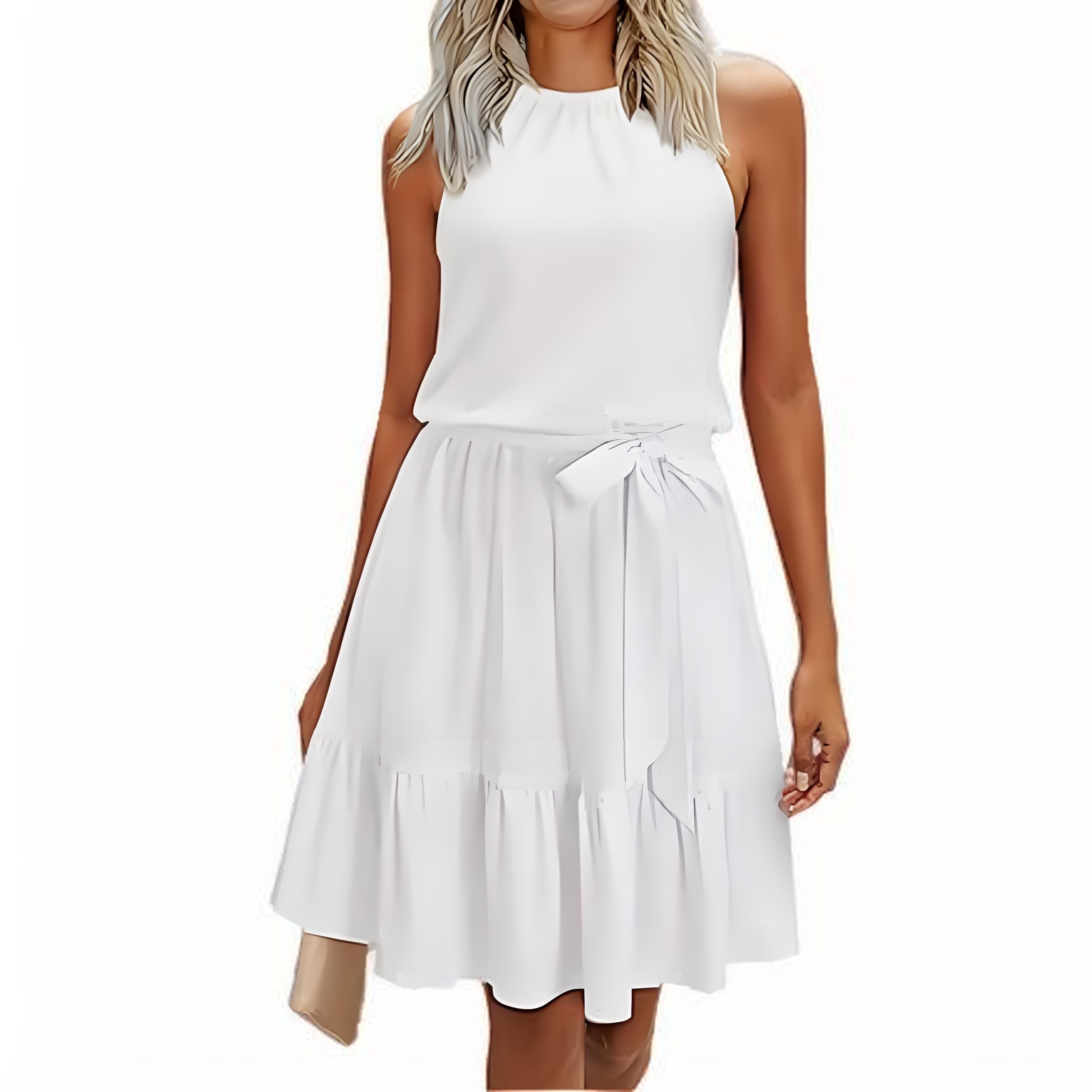 Women's 2025 Summer Halter Neck Dress – Wedding Guest, Casual Beach Vacation Belted Vest Dress with Pockets white M