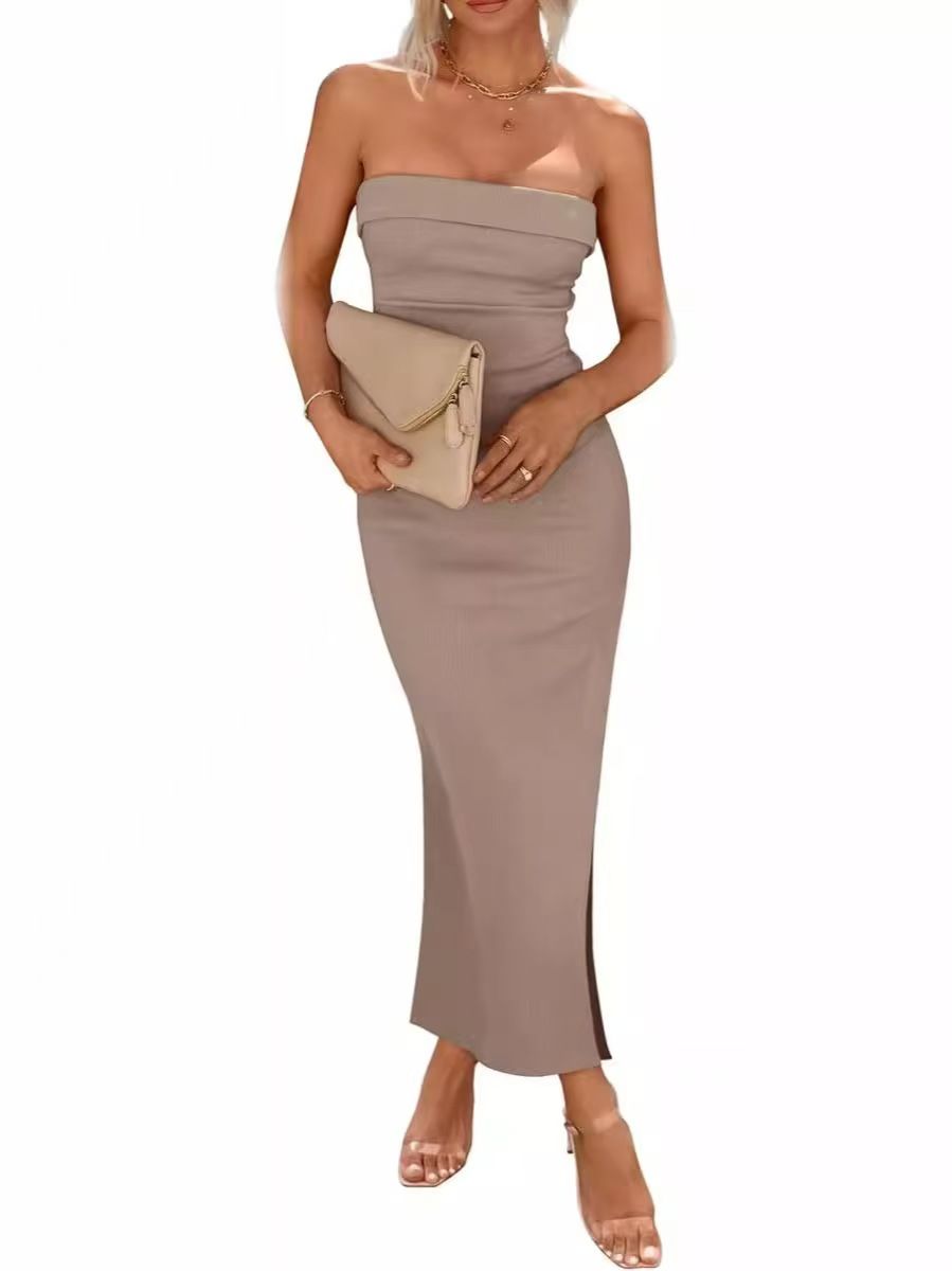 PRETTYGARDEN Women's summer tight and long strapless dress with ribbed strapless side slit long casual and elegant party gown black XXL