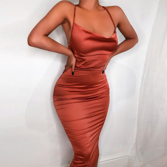 neon satin lace up summer women bodycon long midi vintage backless elegant party outfits sexy club clothes vestido dress robe Black M