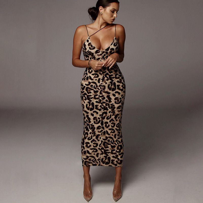 Women's Sexy Neon Asymmetrical Spaghetti Strap Dress Deep V-Neck Sleeveless Bodycon Leopard Print Party Club Dress Leopard XL