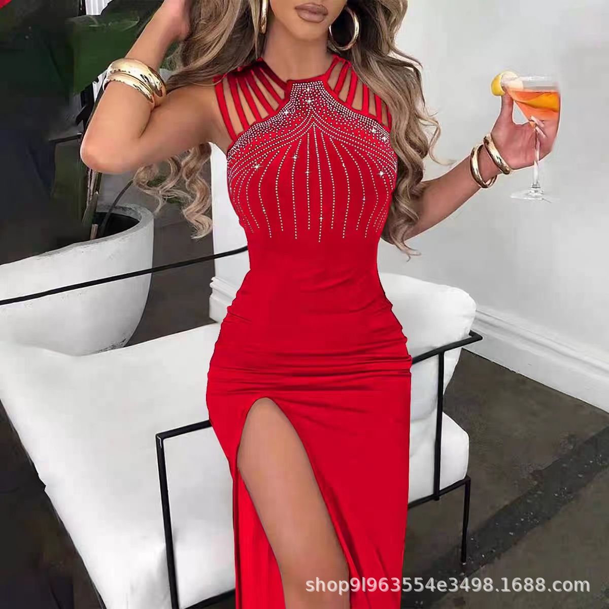 Amazon foreign trade women's clothing 2023 cross-border hot diamond slit bag hip dress skirt nightclub dinner dress dress blue S