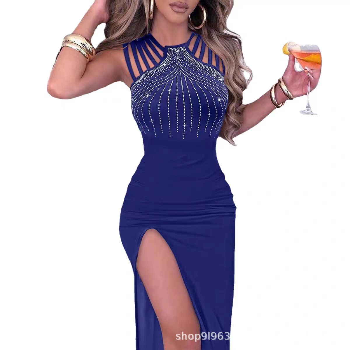 Amazon foreign trade women's clothing 2023 cross-border hot diamond slit bag hip dress skirt nightclub dinner dress dress blue S