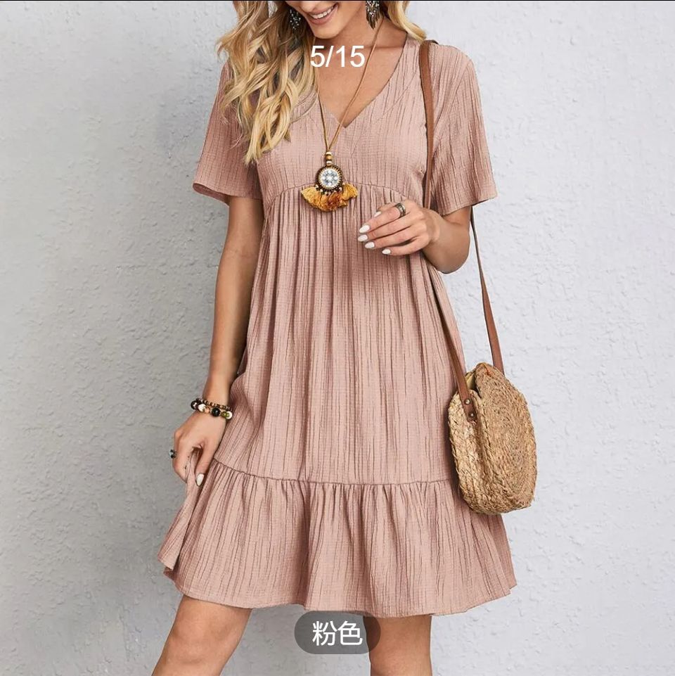 Womens Summer Dress Ruffle Sleeve V Neck Midi Dresses Fashion Casual Fit Flowy Tiered Boho  2025 summer Europe and the United States women's skirt loose casual short-sleeved waist flowing dress white