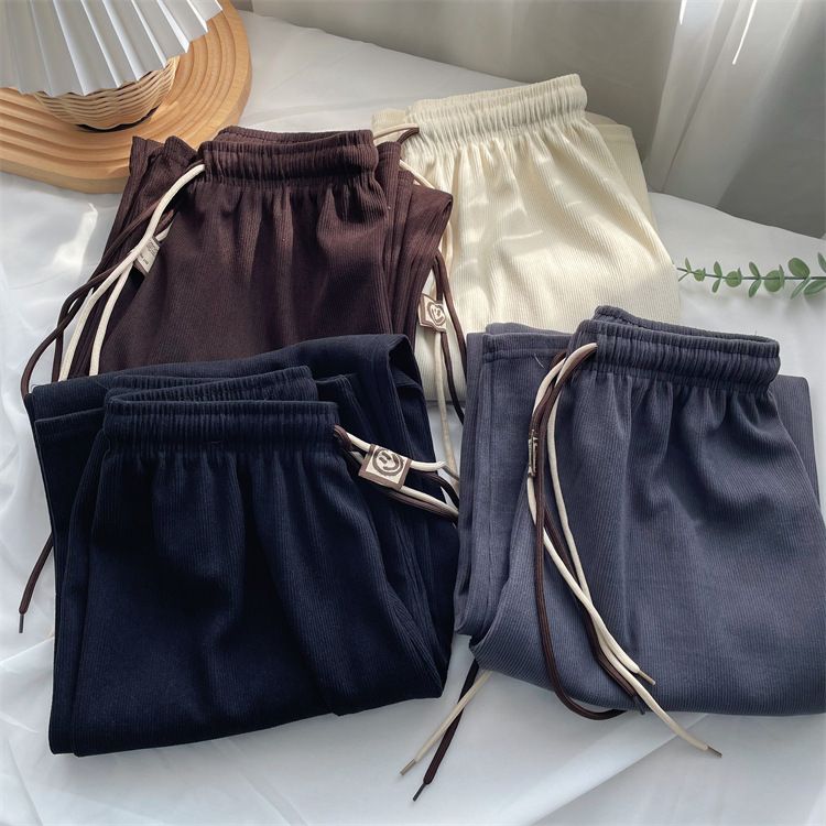 Ultra slim wide leg pants for women in spring and autumn, corduroy casual pants with a slimming effect, smiling face, double waistband, straight leg pants wholesale 1 One size fits all