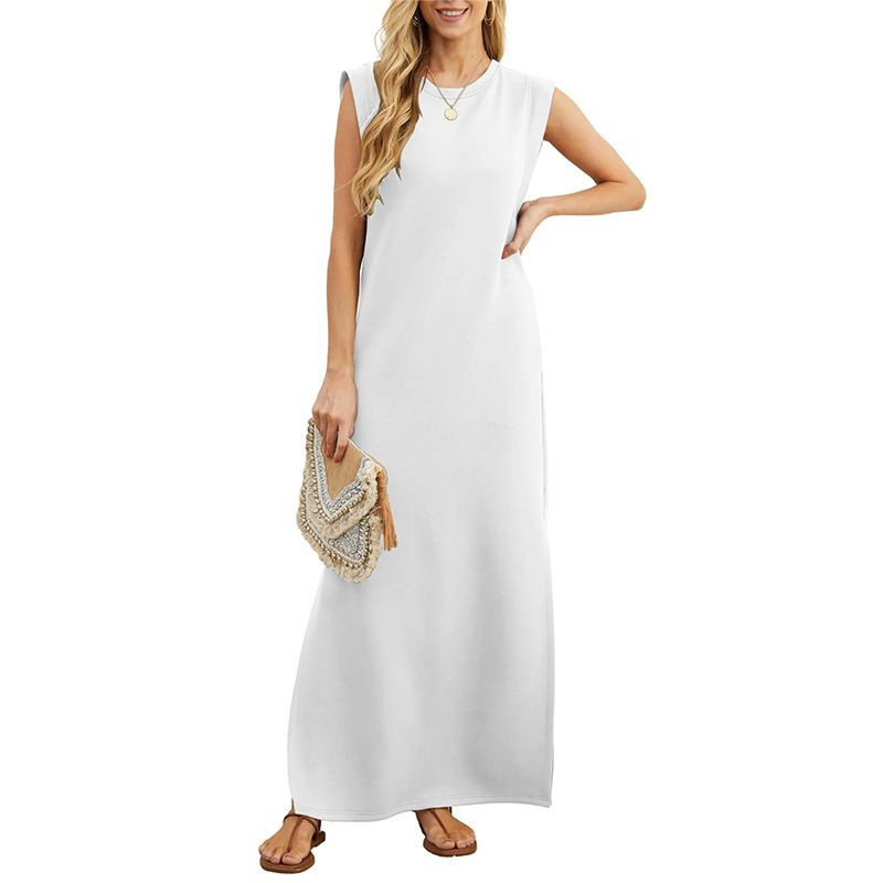 GRECERELLE 2025 Women's Summer Round Neck Casual Loose Split Wrinkleless Mid-length Dress with Pockets (XS-3XL) black XXL