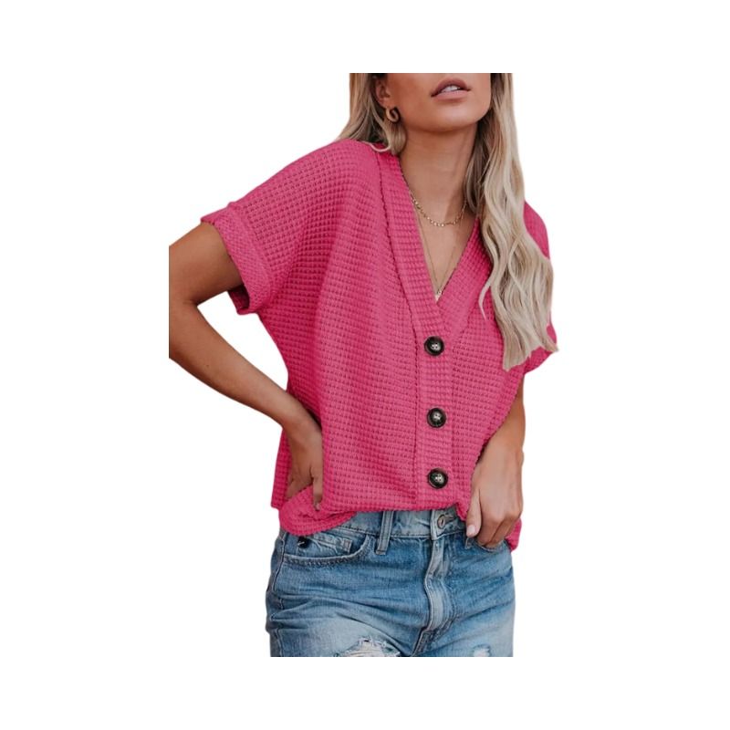 Womens Summer Tops 2025 Waffle Knit Button Down Shirts Casual V Neck Short Sleeve Shacket Jacket Dressy Blouses BLACK S