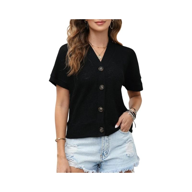 Womens Summer Tops 2025 Waffle Knit Button Down Shirts Casual V Neck Short Sleeve Shacket Jacket Dressy Blouses BLACK S