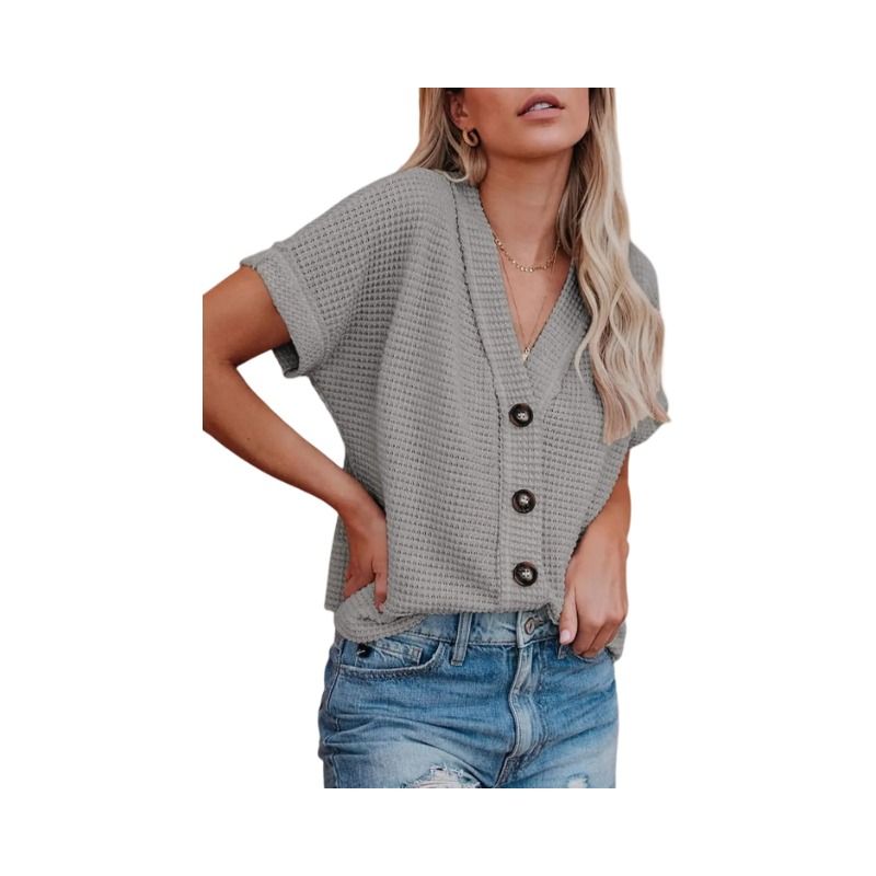 Womens Summer Tops 2025 Waffle Knit Button Down Shirts Casual V Neck Short Sleeve Shacket Jacket Dressy Blouses BLACK S
