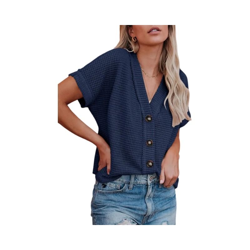 Womens Summer Tops 2025 Waffle Knit Button Down Shirts Casual V Neck Short Sleeve Shacket Jacket Dressy Blouses BLACK S