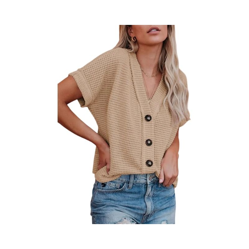 Womens Summer Tops 2025 Waffle Knit Button Down Shirts Casual V Neck Short Sleeve Shacket Jacket Dressy Blouses BLACK S