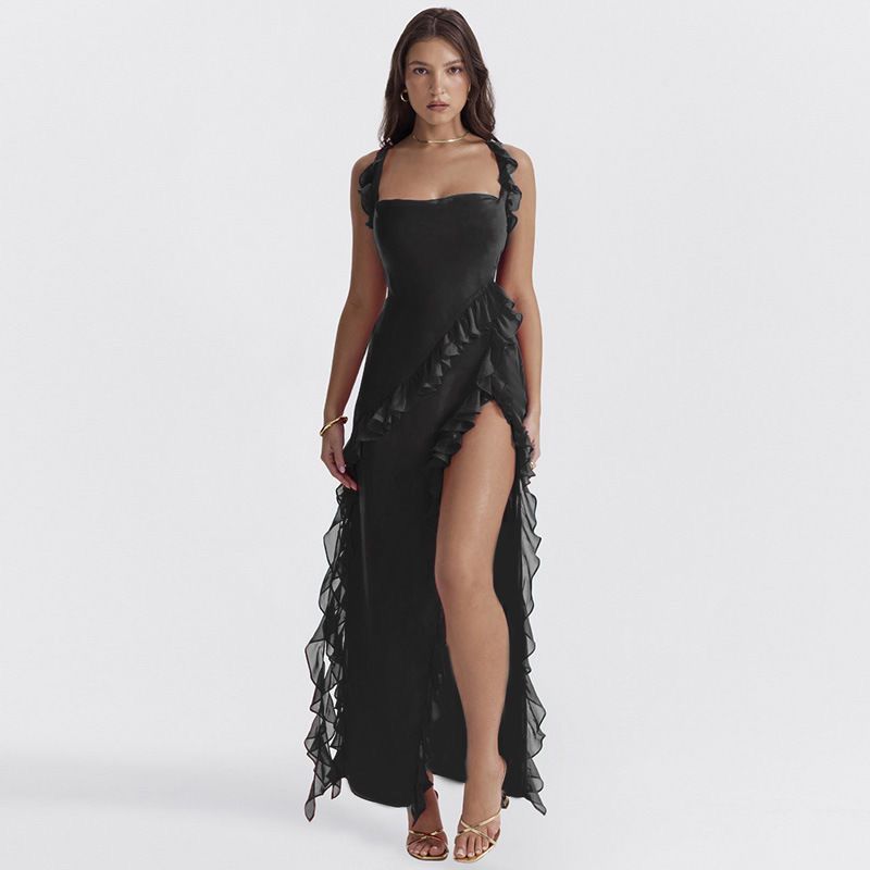 Women's Sexy Ruched Bodycon Midi Dresses Square Neck Sleeveless Ruffle Hem Club Party Tank Dress black S