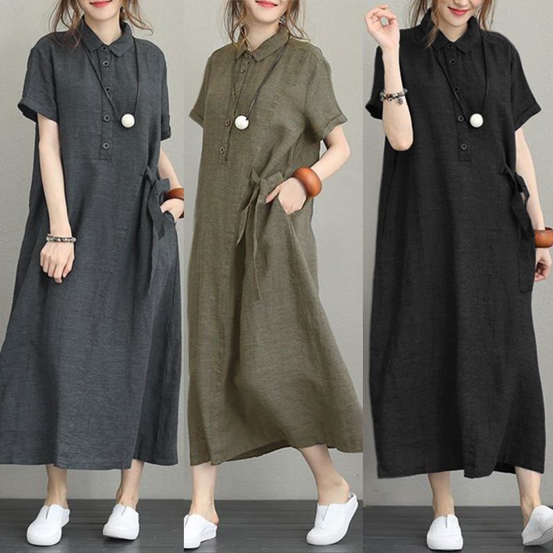 Cross border new POLO collar cotton linen lapel short sleeved loose pocket temperament women's casual dress black S