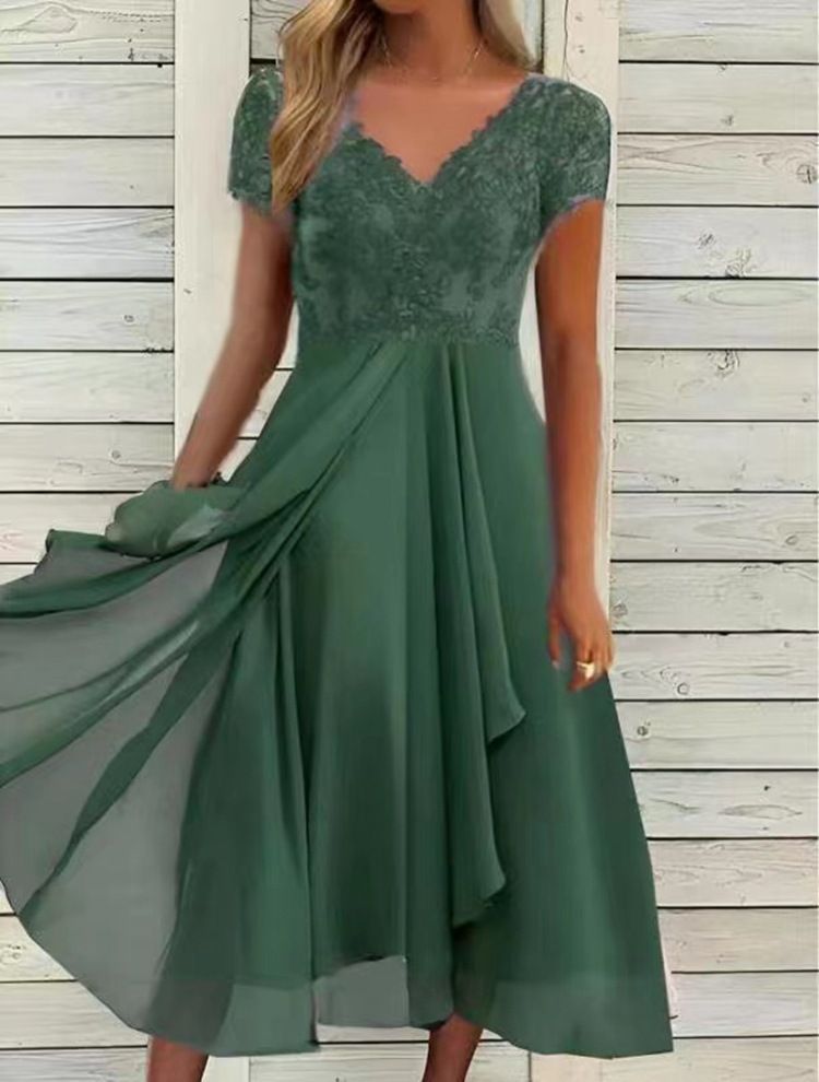 2023 European Station Cross border Amazon Dress Chiffon Splicing V-neck Lace Hollow Skirt Bridesmaid Evening Dress Blue One size