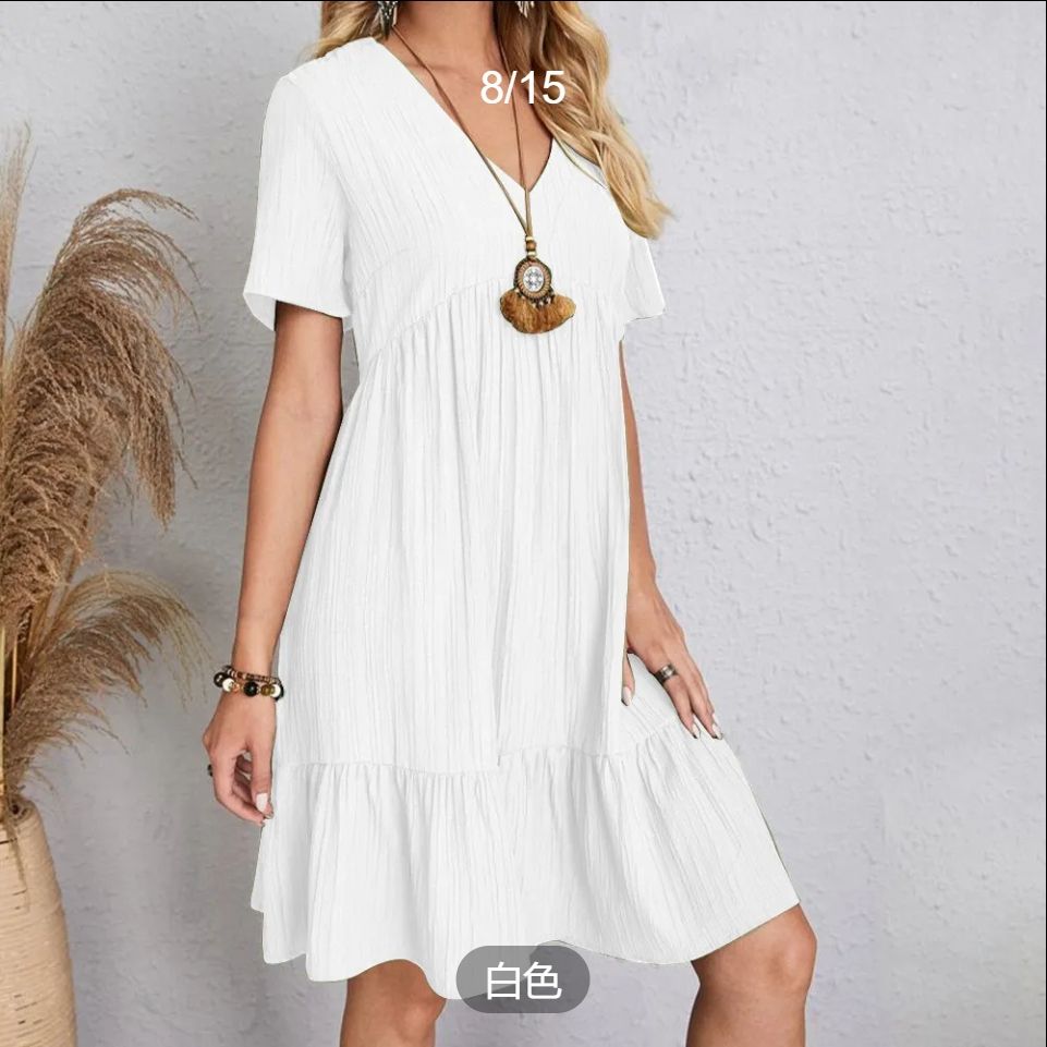 Womens Summer Dress Ruffle Sleeve V Neck Midi Dresses Fashion Casual Fit Flowy Tiered Boho  2025 summer Europe and the United States women's skirt loose casual short-sleeved waist flowing dress white