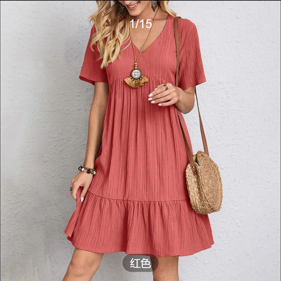 Womens Summer Dress Ruffle Sleeve V Neck Midi Dresses Fashion Casual Fit Flowy Tiered Boho  2025 summer Europe and the United States women's skirt loose casual short-sleeved waist flowing dress white
