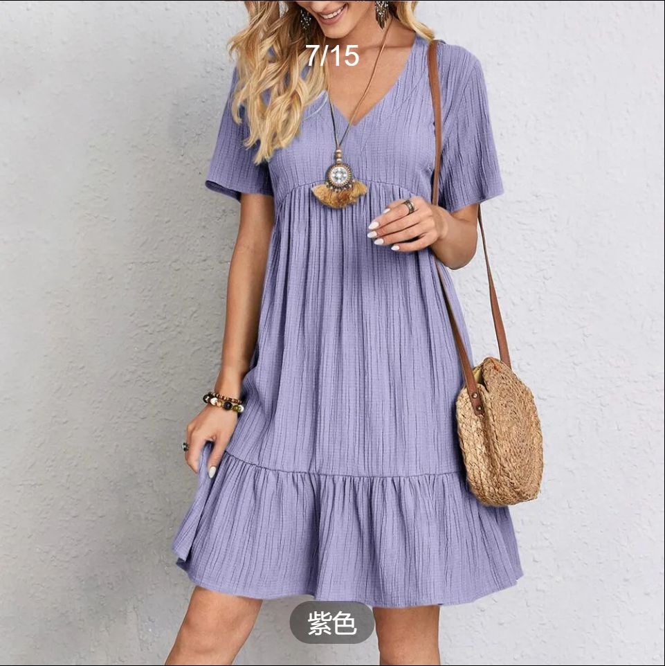 Womens Summer Dress Ruffle Sleeve V Neck Midi Dresses Fashion Casual Fit Flowy Tiered Boho  2025 summer Europe and the United States women's skirt loose casual short-sleeved waist flowing dress white