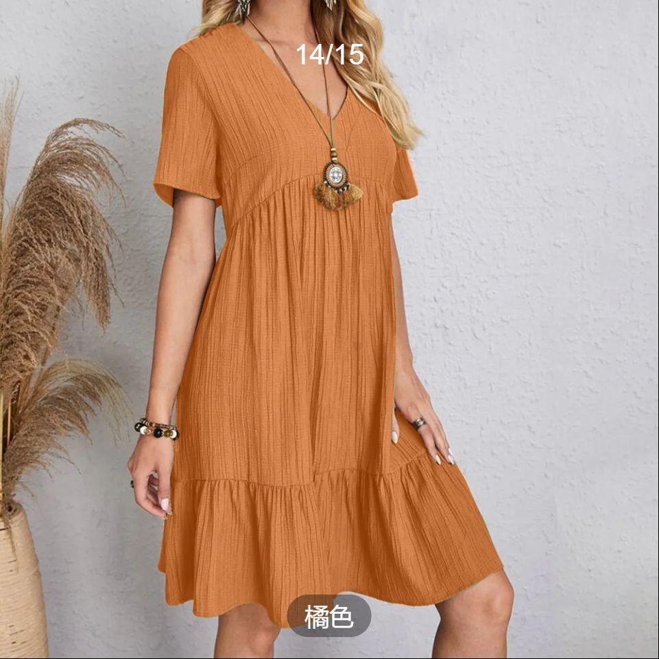 Womens Summer Dress Ruffle Sleeve V Neck Midi Dresses Fashion Casual Fit Flowy Tiered Boho  2025 summer Europe and the United States women's skirt loose casual short-sleeved waist flowing dress white