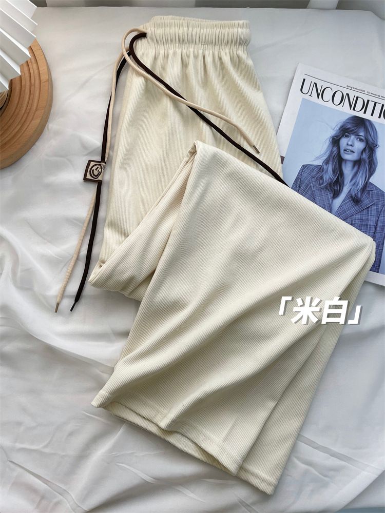 Ultra slim wide leg pants for women in spring and autumn, corduroy casual pants with a slimming effect, smiling face, double waistband, straight leg pants wholesale 1 One size fits all