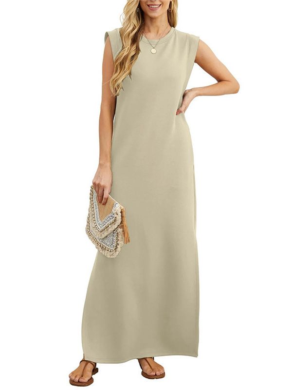 GRECERELLE 2025 Women's Summer Round Neck Casual Loose Split Wrinkleless Mid-length Dress with Pockets (XS-3XL) black XXL