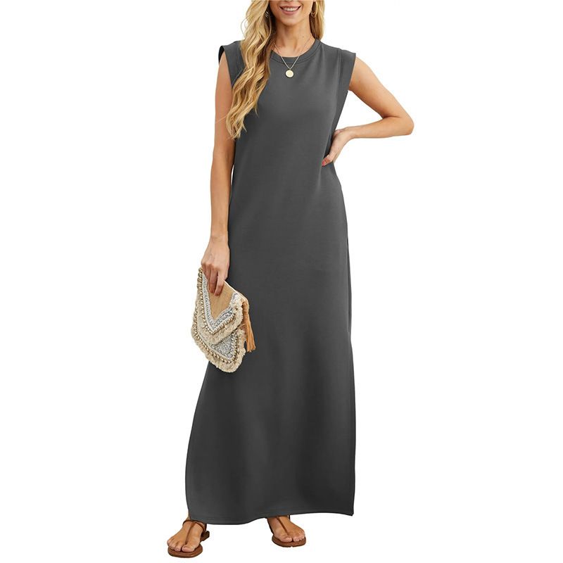 GRECERELLE 2025 Women's Summer Round Neck Casual Loose Split Wrinkleless Mid-length Dress with Pockets (XS-3XL) black XXL